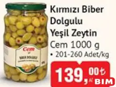CEM KIRMIZI BİBER DOLGULU YEŞİL ZEYTİN 201-260 ADET 1 KG CEM KIRMIZI BİBER DOLGULU YEŞİL ZEYTİN 201-260 ADET 1 KG